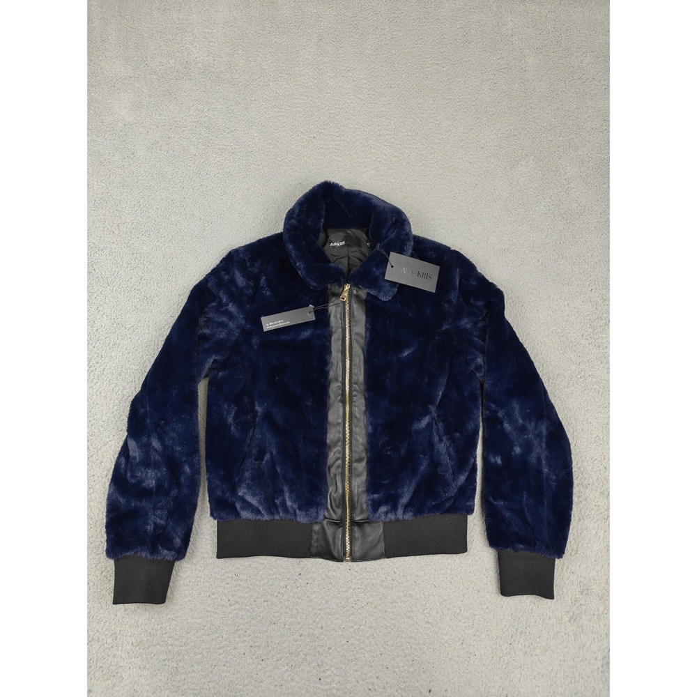 AVA KRIS Janie Bomber Jacket Womens Small Blue Faux Fur Zip Lined‎ Collared